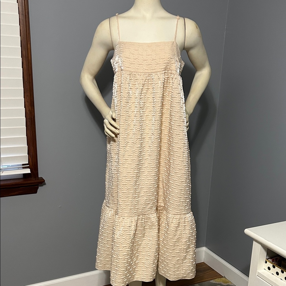 Kika Vargas Champagne Textured Spaghetti-Strap Midi Dress with Pockets
